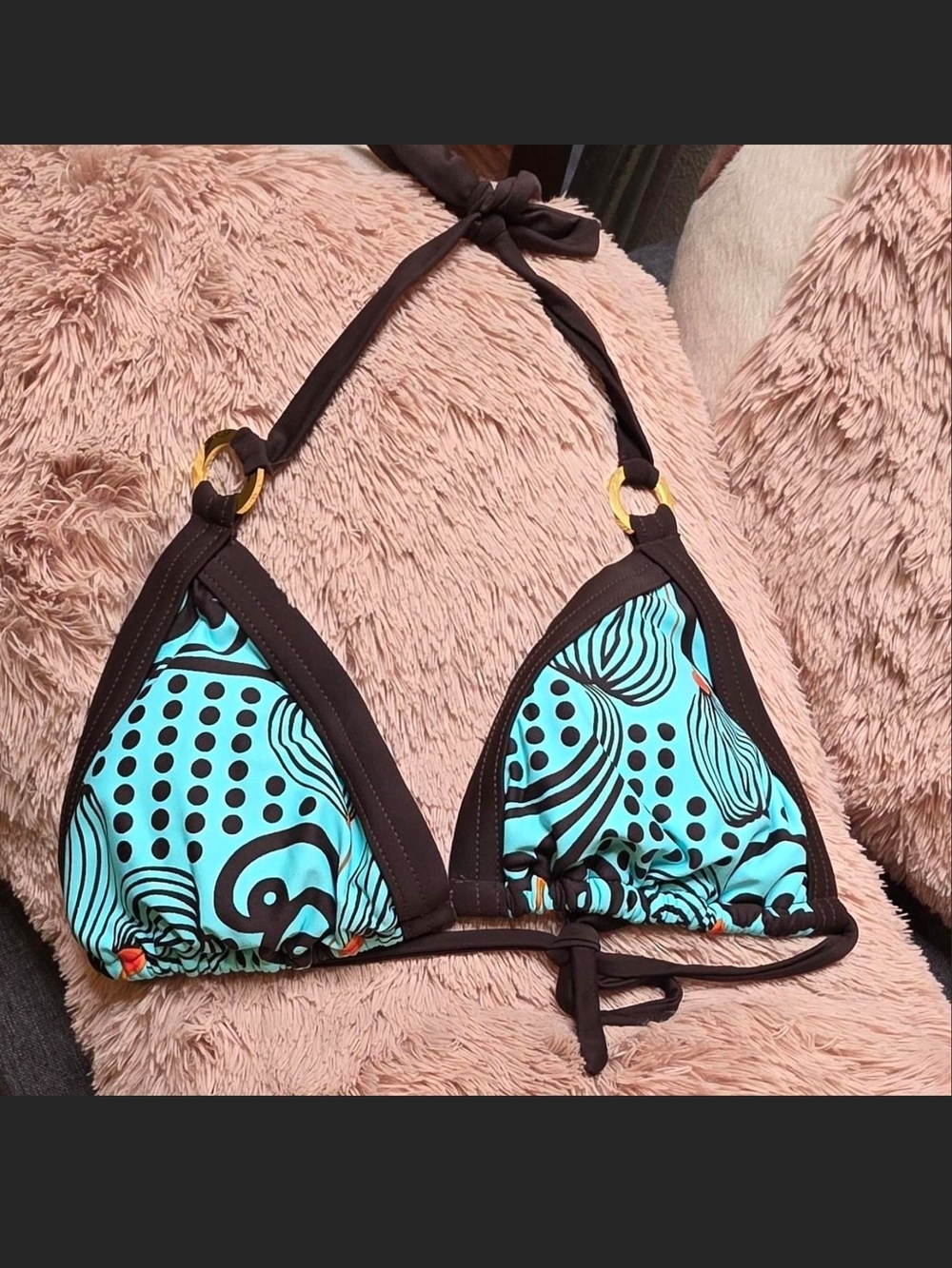 triangl swimwear Turquoise and Brown Graphic Triangle Bikini Top